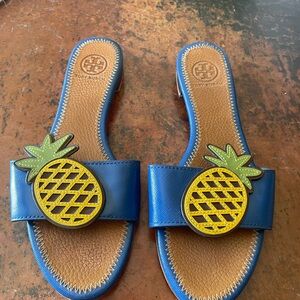Tory Burch Blue Pineapple Flat Slide Sandals